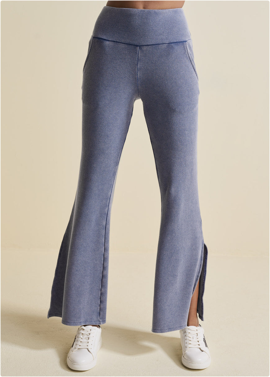 Washed Slit Flare Leg Pants - Dark Blue