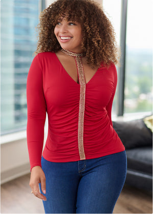 Embellished Trim Ruched Top - Red - thumbnail-13