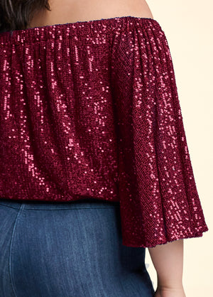 Off-The-Shoulder Sequin Top - Wine - thumbnail-14