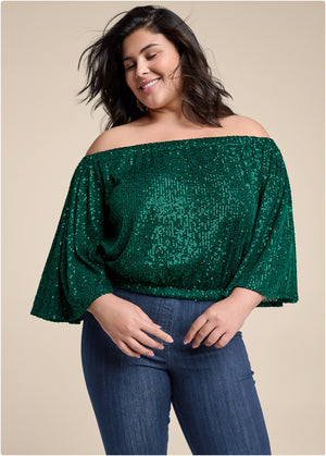 Off-The-Shoulder Sequin Top - Dark Green - thumbnail-4