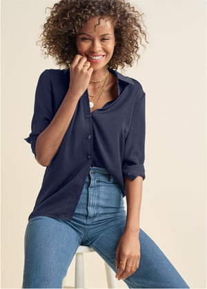 Soft Button-Down Blouse - Navy - thumbnail-1