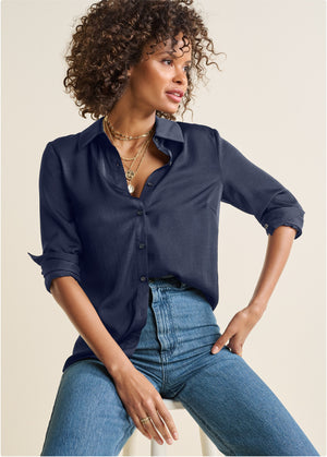 Soft Button-Down Blouse - Navy - thumbnail-7