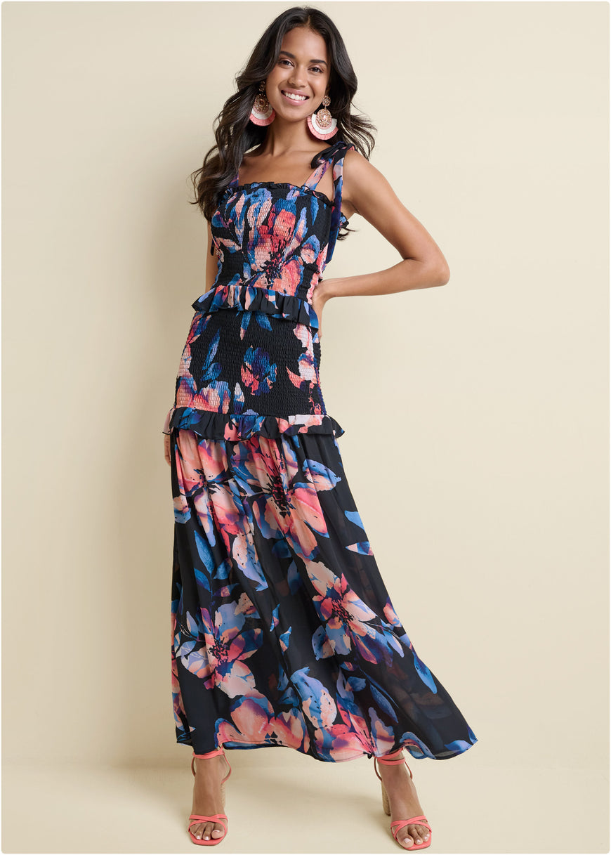 Robe smockée à imprimé fleuri - Black Multi