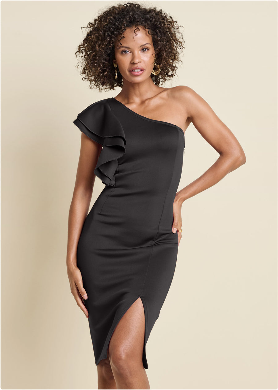 One-Shoulder Ruffle Dress - Black