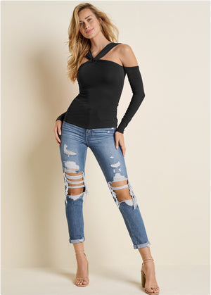 Cold-Shoulder Long Sleeve Top - Black - thumbnail-2