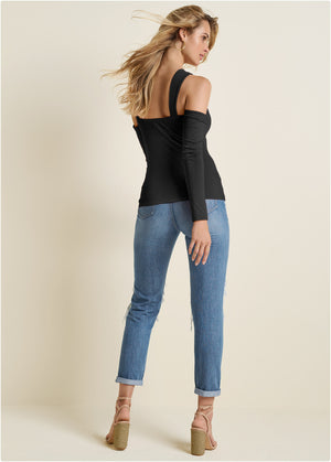 Cold-Shoulder Long Sleeve Top - Black - thumbnail-3