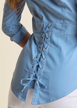 Lace-Up Back Blouse - Blue & White - thumbnail-5