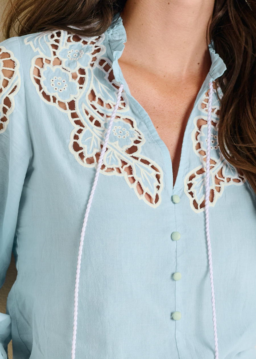 Eyelet Smocked Hem Blouse - Blue & White