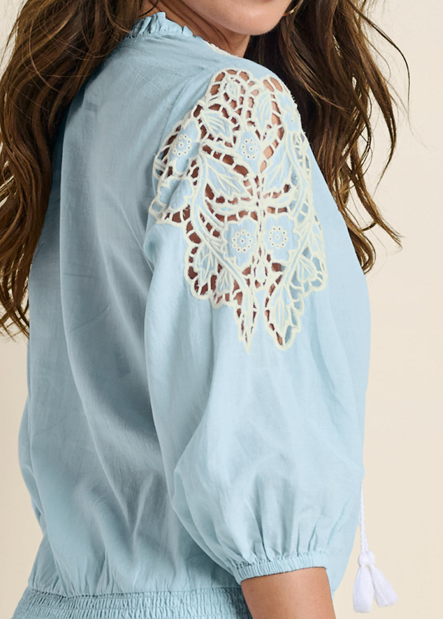 Eyelet Smocked Hem Blouse - Blue & White