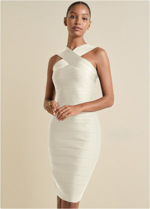 Cross-Neck Bandage Dress - White - thumbnail-1