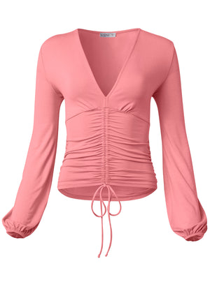 Ruched V-Neck Top - Coral - thumbnail-6