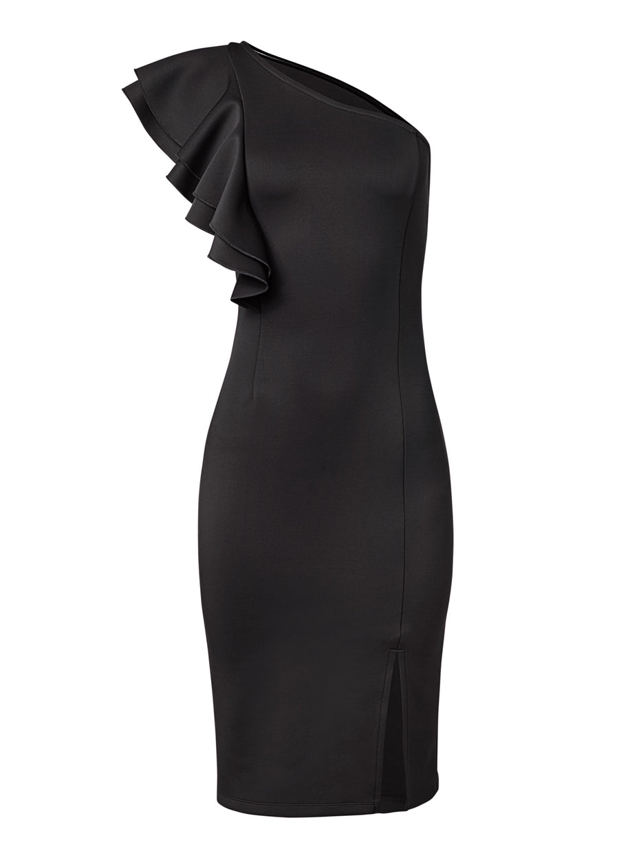 One-Shoulder Ruffle Dress - Black