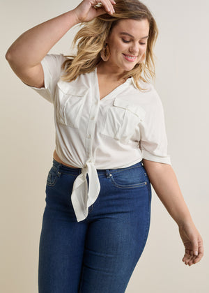 Cropped Button-Up Top - White - thumbnail-6