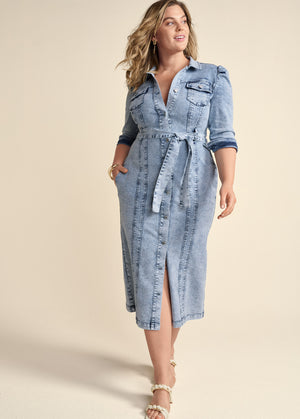 Tie-waist denim midi dress - Acid Wash - thumbnail-10