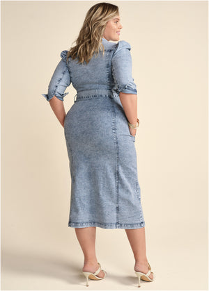 Tie-Waist Denim Midi Dress - Acid Wash - thumbnail-9