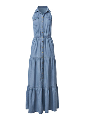 Chambray Tiered Maxi Dress  - Medium Wash - thumbnail-5