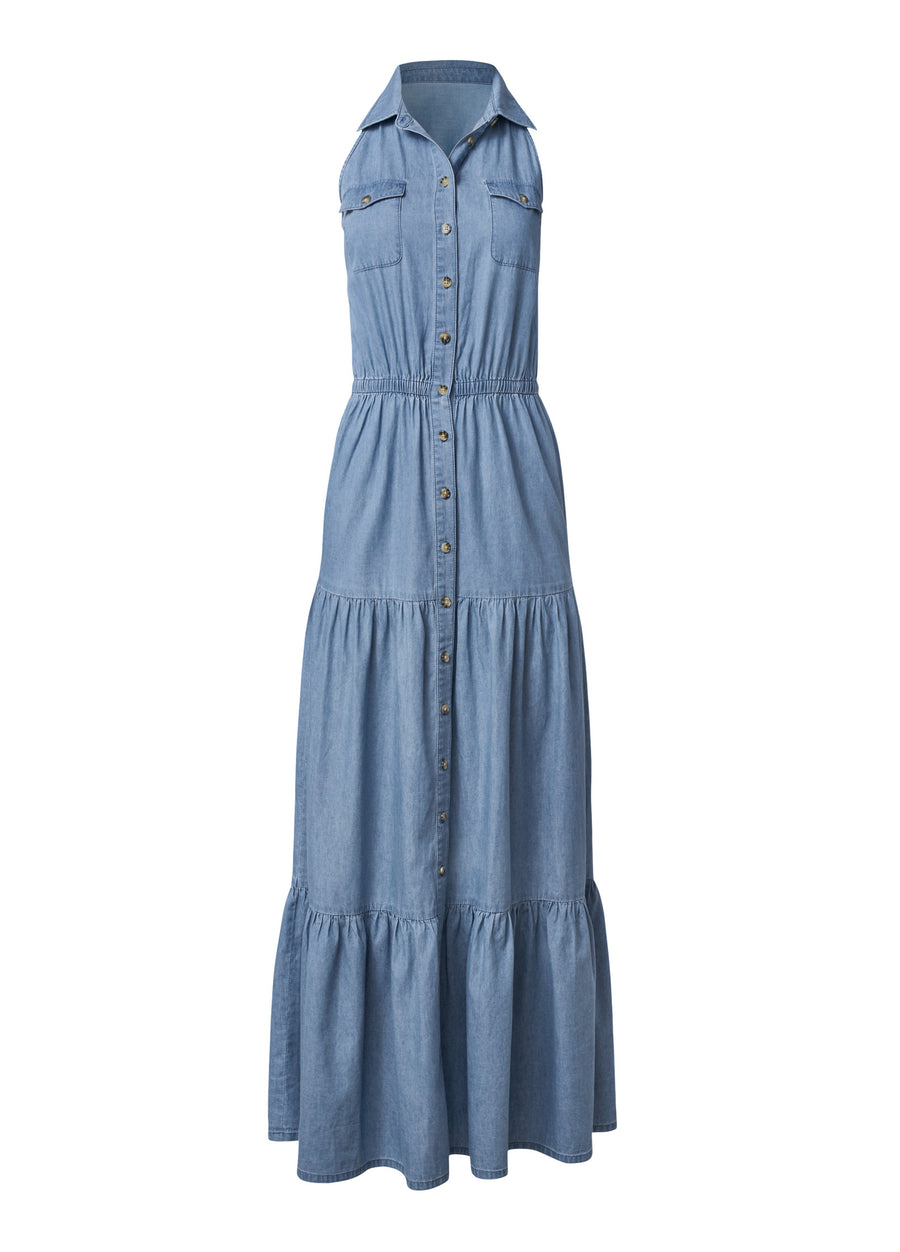 Chambray Tiered Maxi Dress  - Medium Wash