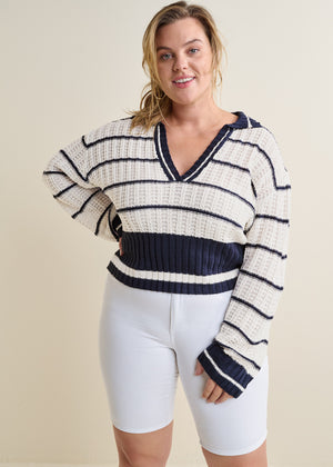 Collared V-Neck Sweater - Blue Multi - thumbnail-8