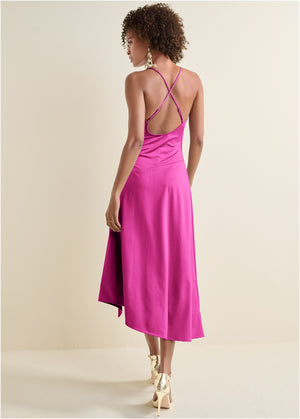 Robe midi en satin - Fuchsia - thumbnail-2