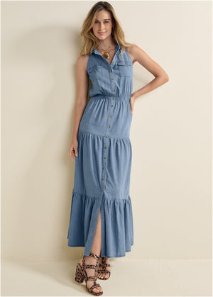 Chambray Tiered Maxi Dress  - Medium Wash - thumbnail-1