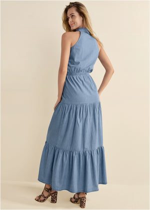 Chambray tiered maxi dress  - Medium Wash - thumbnail-2