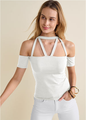 Strappy Open Shoulder Top - Off White - thumbnail-1