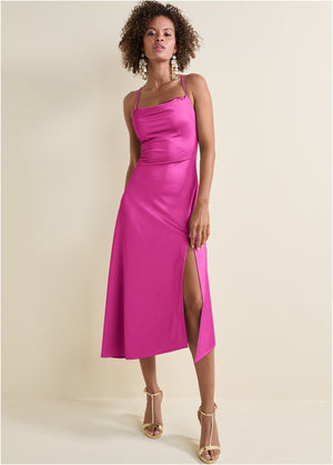 Robe midi en satin - Fuchsia - thumbnail-1