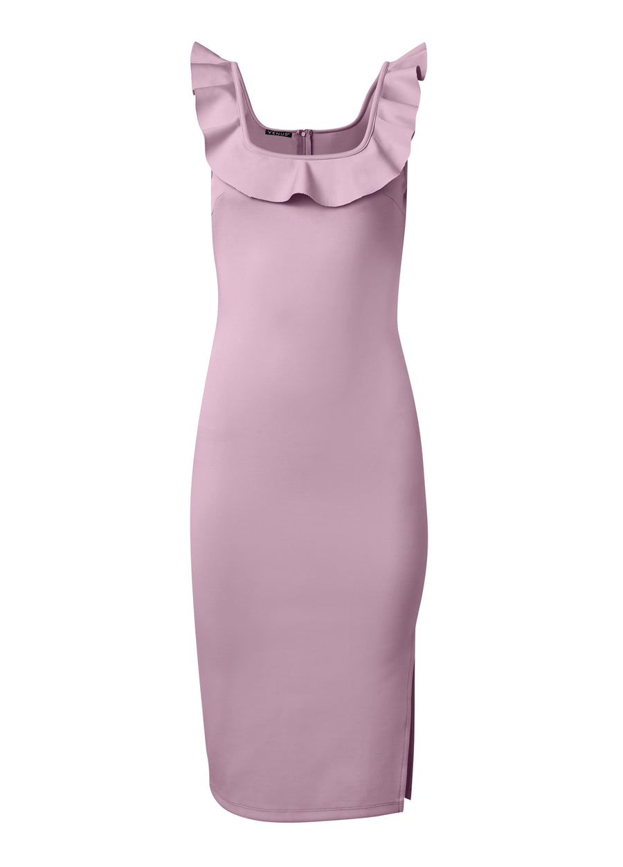 Ruffle Neck Midi Dress - Light Purple