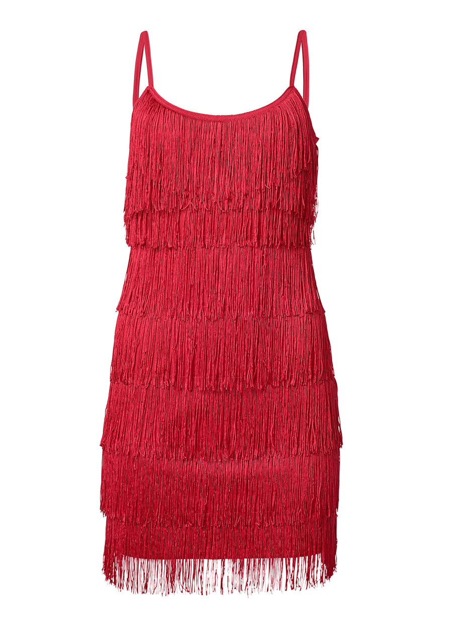 Tiered Fringe Mini Dress - Red