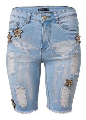 Mid-Rise Star Shorts - Light Wash - thumbnail-7