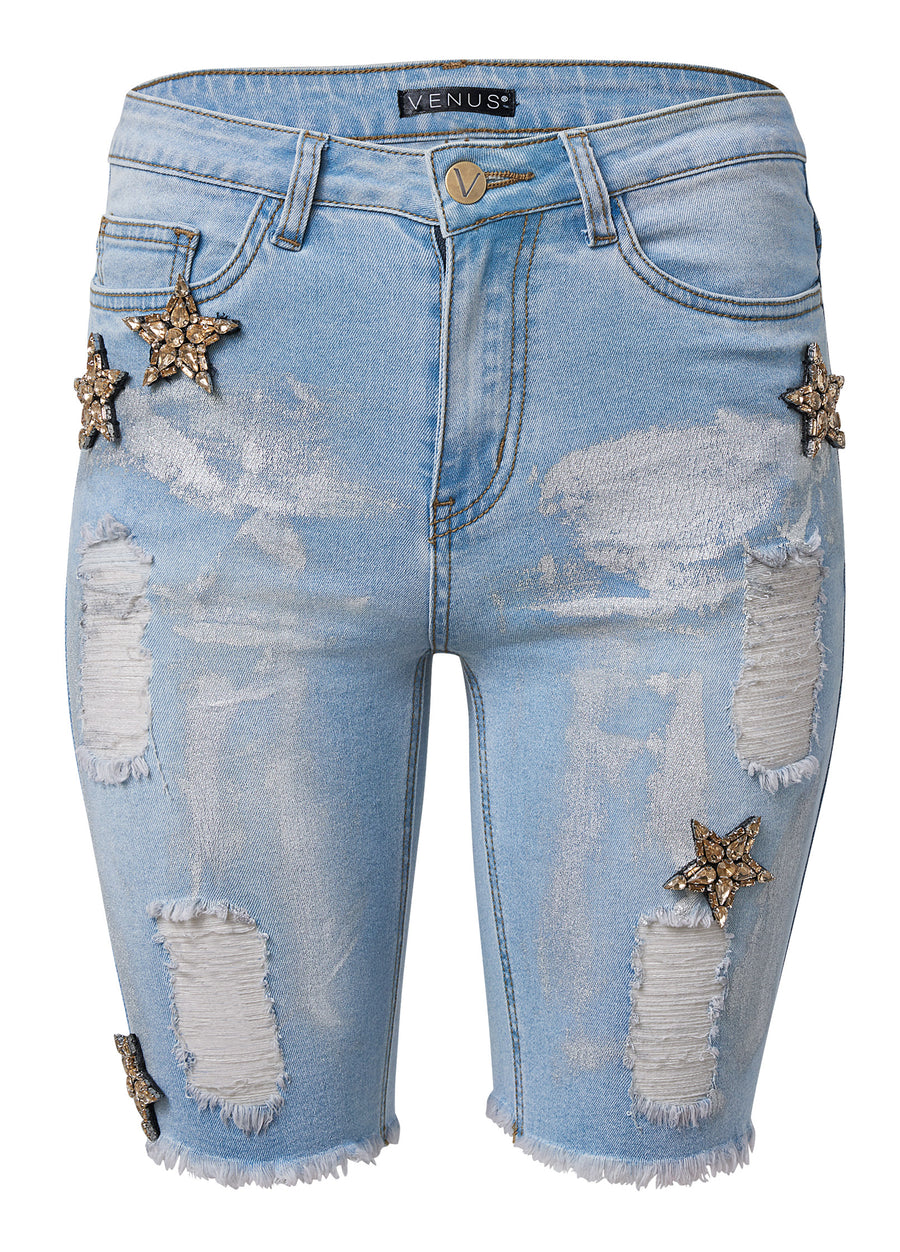 Mid-Rise Star Shorts - Light Wash