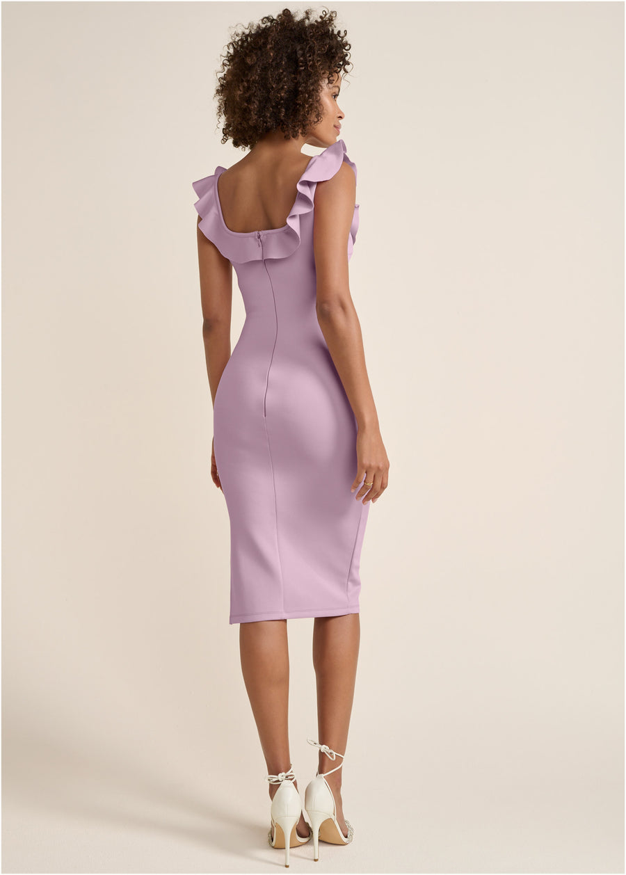 Ruffle Neck Midi Dress - Light Purple