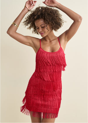 Tiered Fringe Mini Dress - Red - thumbnail-1