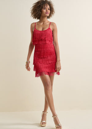 Tiered Fringe Mini Dress - Red - thumbnail-2