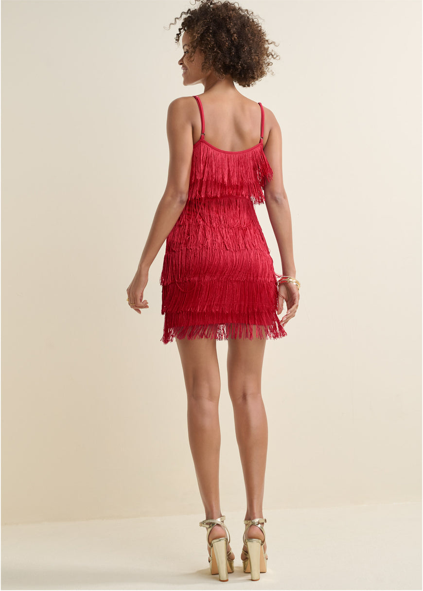 Tiered Fringe Mini Dress - Red