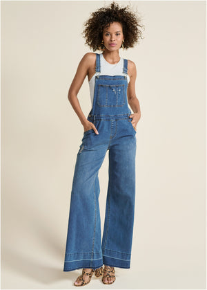 Denim Flare Overalls  - Medium Wash - thumbnail-1