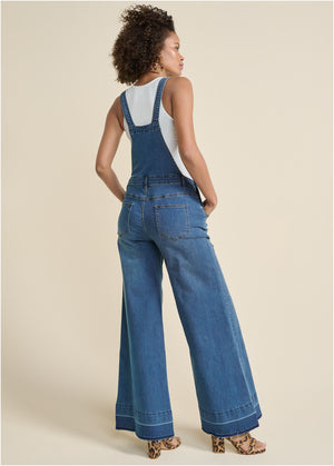 Denim Flare Overalls  - Medium Wash - thumbnail-2