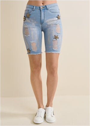 Mid-Rise Star Shorts - Light Wash - thumbnail-2