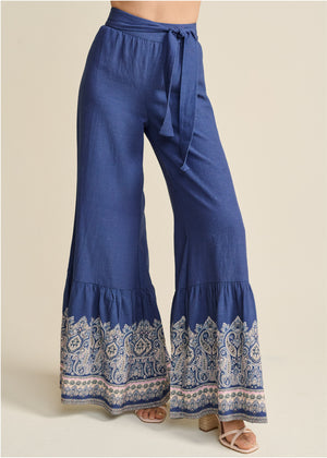 Linen Border Print Pants - Navy Multi - thumbnail-2