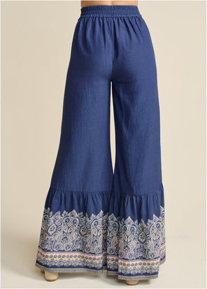 Linen Border Print Pants - Navy Multi - thumbnail-3