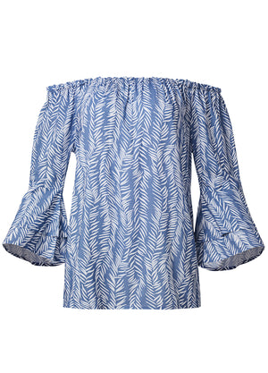 Off-The-Shoulder Printed Top - Blue & White - thumbnail-6