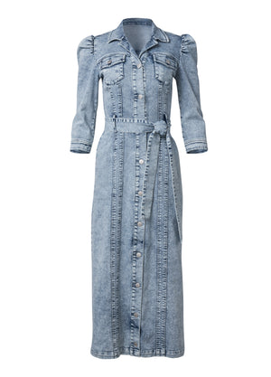 Tie-waist denim midi dress - Acid Wash - thumbnail-5