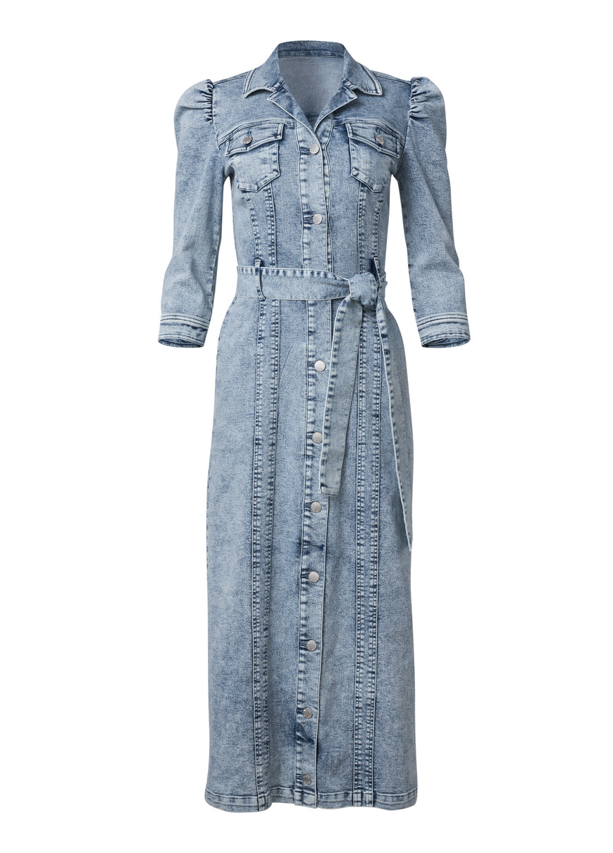 Tie-Waist Denim Midi Dress - Acid Wash