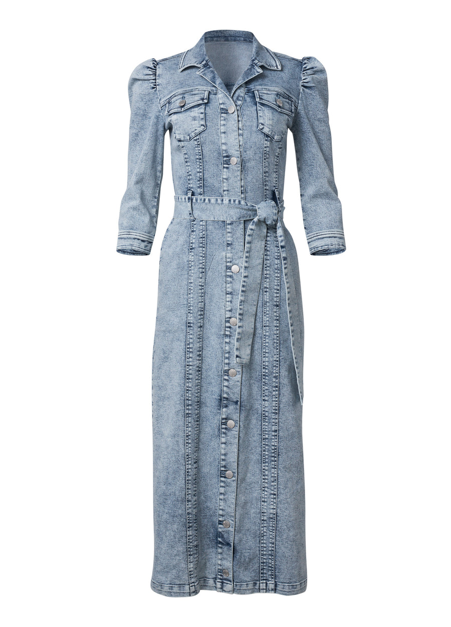 Tie-waist denim midi dress - Acid Wash