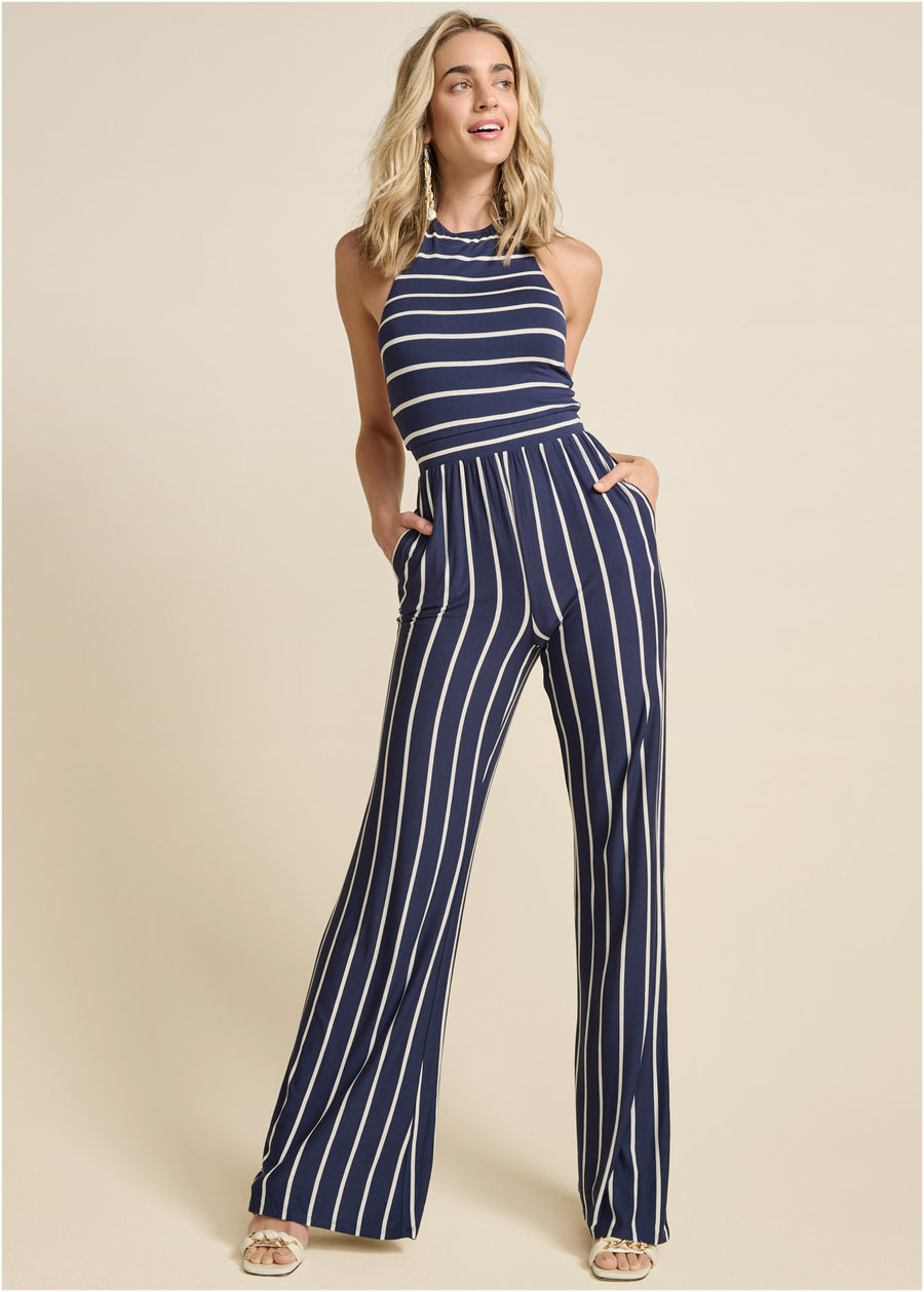 Striped Halter Jumpsuit  - Navy & White