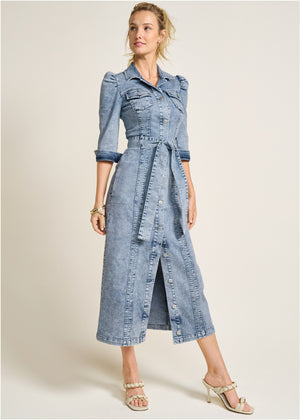 Tie-waist denim midi dress - Acid Wash - thumbnail-1