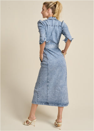 Tie-Waist Denim Midi Dress - Acid Wash - thumbnail-2