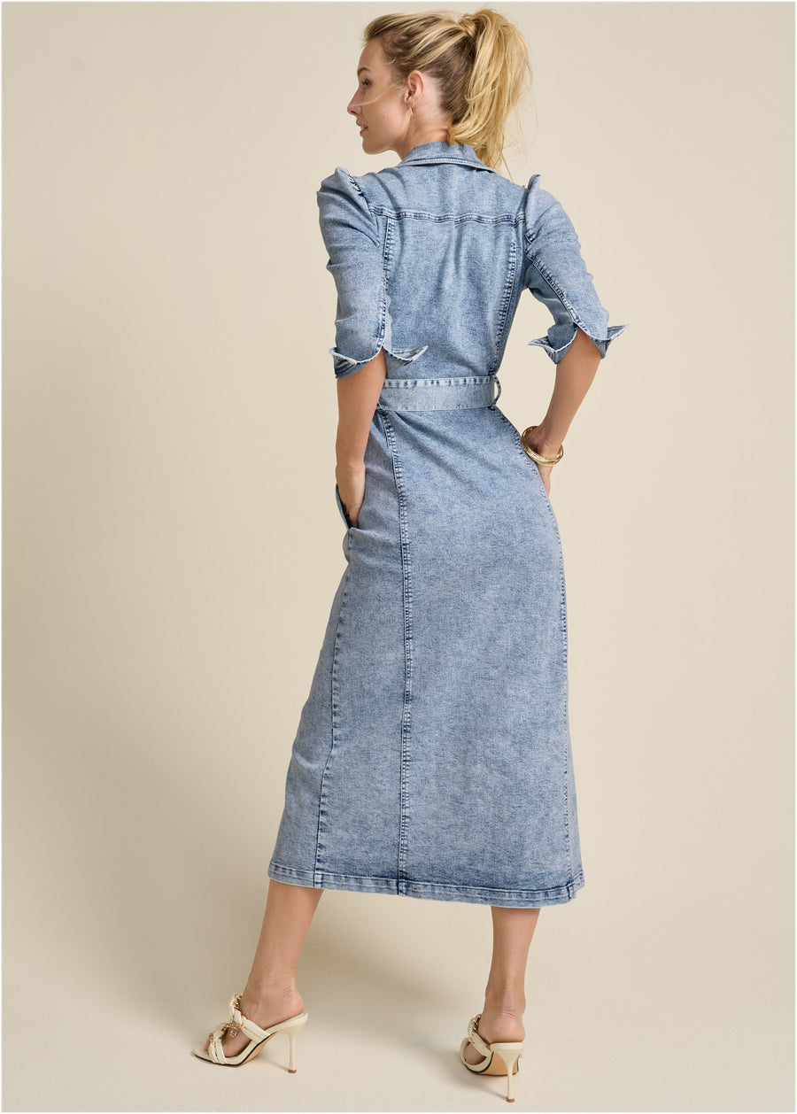 Tie-Waist Denim Midi Dress - Acid Wash