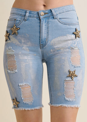 Mid-Rise Star Shorts - Light Wash - thumbnail-5