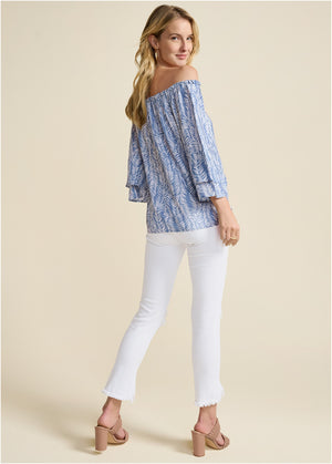 Off-The-Shoulder Printed Top - Blue & White - thumbnail-3